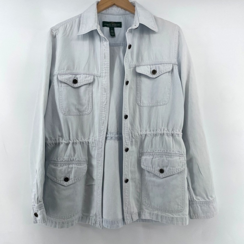 LRL Lauren Jeans Co Jacket Womens L Light Blue Utility Safari Field Linen Blend